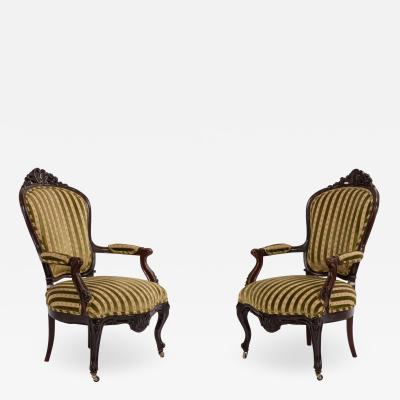 Pair of French Victorian Striped Velvet Arm Chairs
