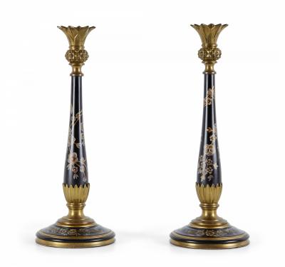 Pair of French Victorian Style Bronze and Hand Painted Floral Patterned Wood Can