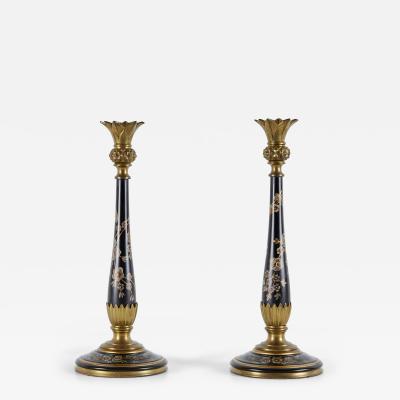 Pair of French Victorian Style Bronze and Hand Painted Floral Patterned Wood Can