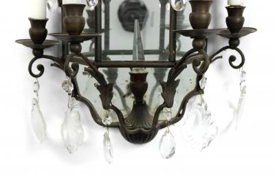 Pair of French Victorian Style Mirrored Irons and Crystal Wall Sconces