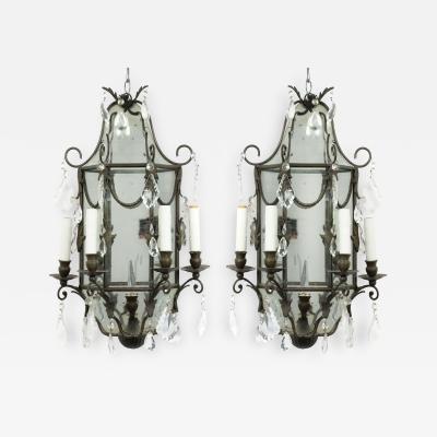 Pair of French Victorian Style Mirrored Irons and Crystal Wall Sconces