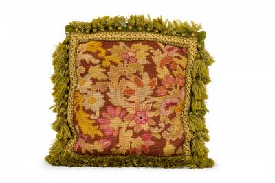 Pair of French Victorian Style Pink Floral and Green Tapestry Throw Pillows