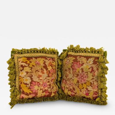 Pair of French Victorian Style Pink Floral and Green Tapestry Throw Pillows