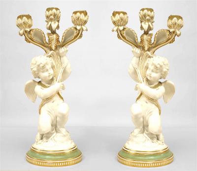 Pair of French Victorian White and Gilt Porcelain Cupid Candelabras