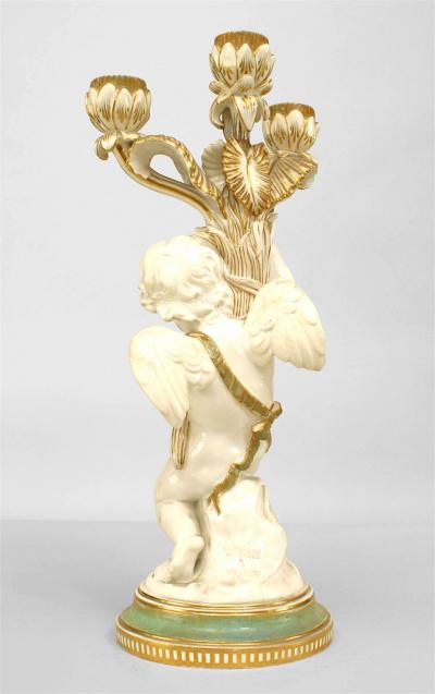 Pair of French Victorian White and Gilt Porcelain Cupid Candelabras