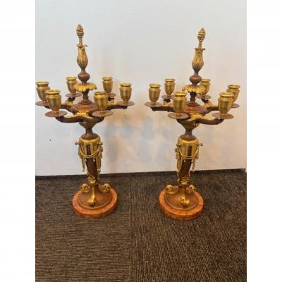 Pair of French Victorian brown and gilt bronze 6 arm candelabra