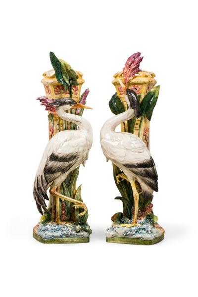 Pair of French Victorian tall heron design Majolica porcelain vases