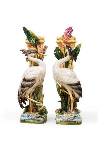 Pair of French Victorian tall heron design Majolica porcelain vases