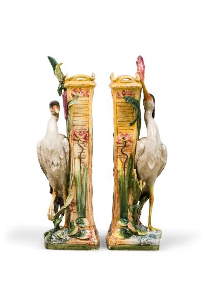 Pair of French Victorian tall heron design Majolica porcelain vases