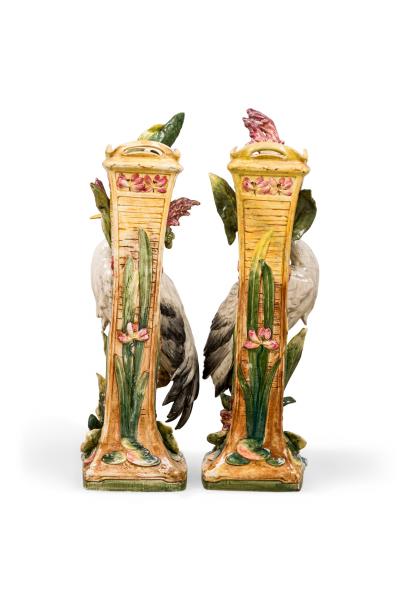 Pair of French Victorian tall heron design Majolica porcelain vases