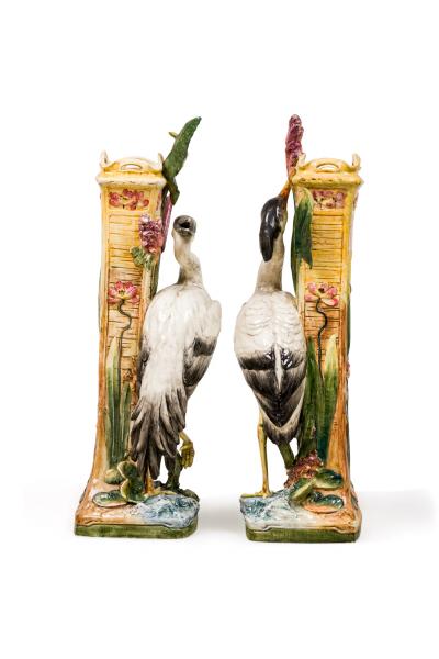 Pair of French Victorian tall heron design Majolica porcelain vases