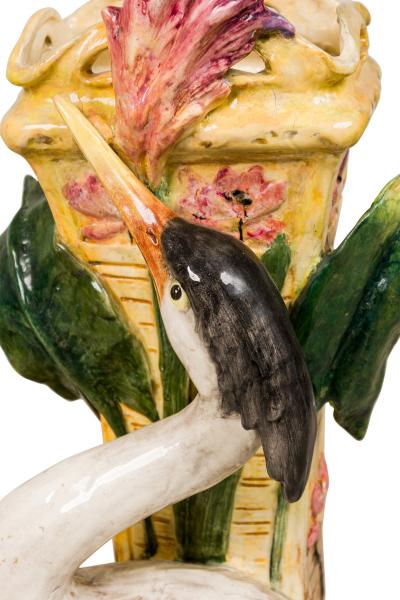 Pair of French Victorian tall heron design Majolica porcelain vases