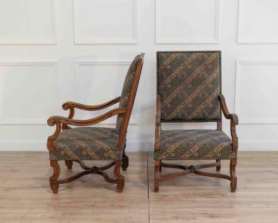 Pair of French Walnut Armchairs with X Form Crossbars Circa 1900