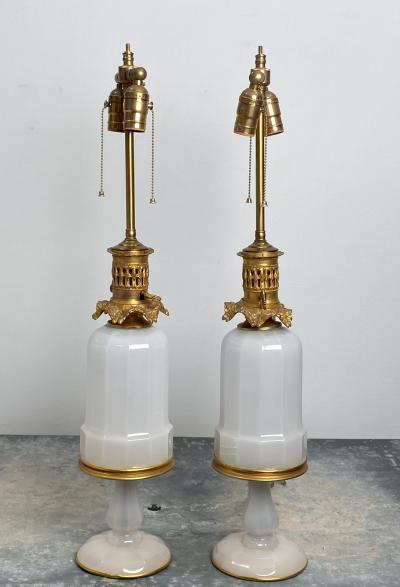 Pair of French White Opaline and Ormolu Oil Lamps Circa 1840