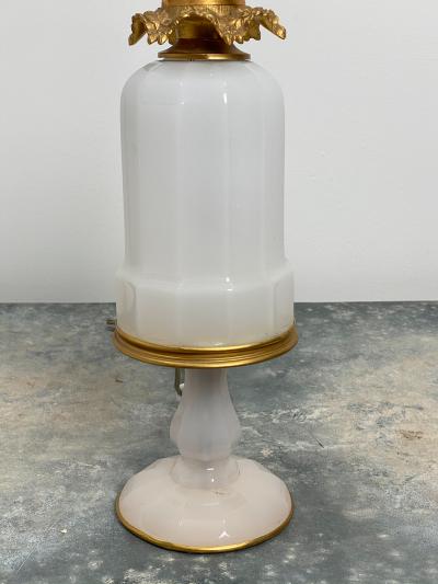 Pair of French White Opaline and Ormolu Oil Lamps Circa 1840