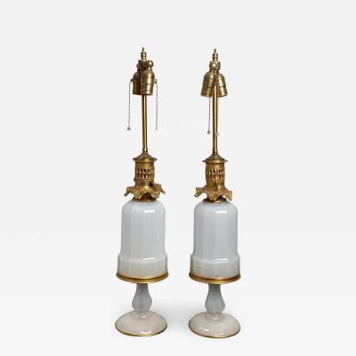 Pair of French White Opaline and Ormolu Oil Lamps Circa 1840