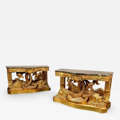 Pair of French Wood Carved Dolphin Console Tables Pier Tables Giltwood