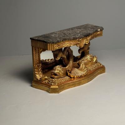 Pair of French Wood Carved Dolphin Console Tables Pier Tables Giltwood