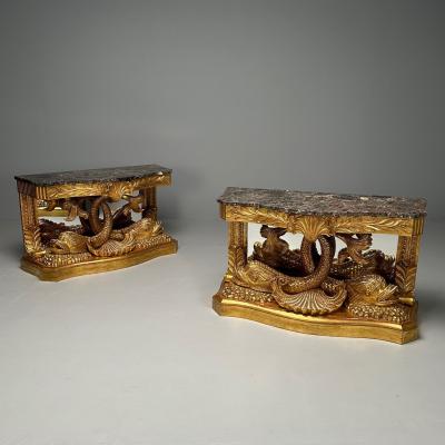 Pair of French Wood Carved Dolphin Console Tables Pier Tables Giltwood