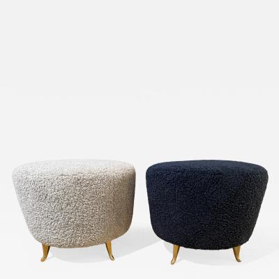Pair of French Wool Boucle Pouf Dining Stools