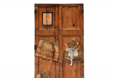 Pair of French Worn Pine Decoupage Trompe Loeil Doors