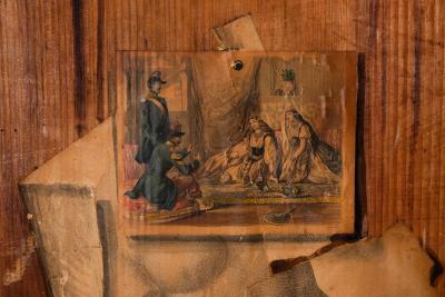 Pair of French Worn Pine Decoupage Trompe Loeil Doors