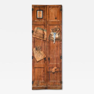 Pair of French Worn Pine Decoupage Trompe Loeil Doors