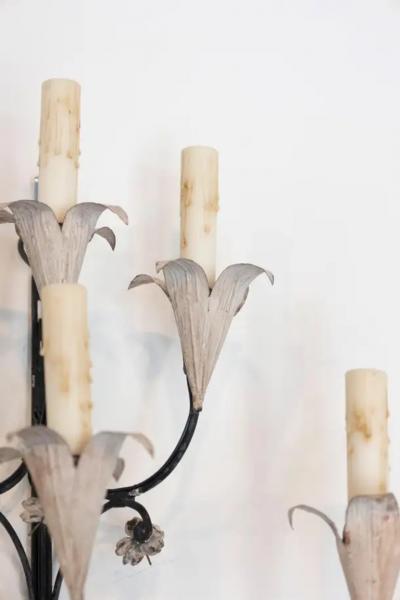 Pair of French Wrought Iron and Tole Floral Five Light Sconces circa 1940