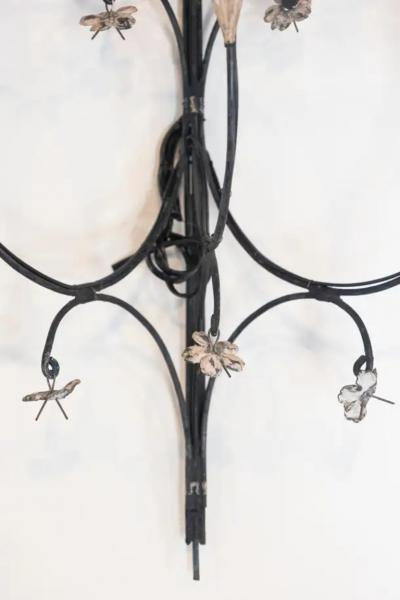 Pair of French Wrought Iron and Tole Floral Five Light Sconces circa 1940