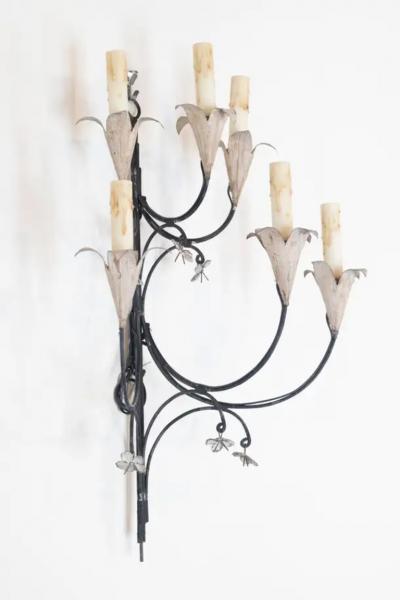 Pair of French Wrought Iron and Tole Floral Five Light Sconces circa 1940