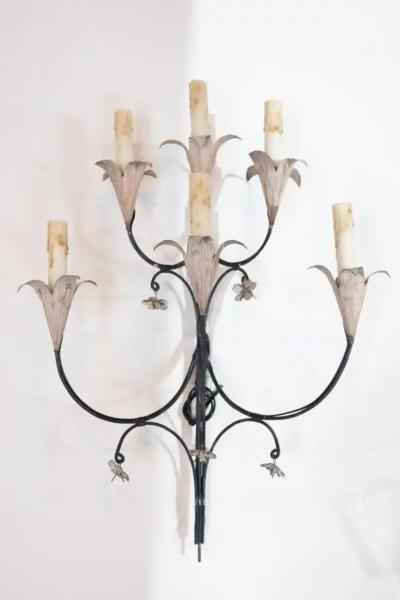 Pair of French Wrought Iron and Tole Floral Five Light Sconces circa 1940