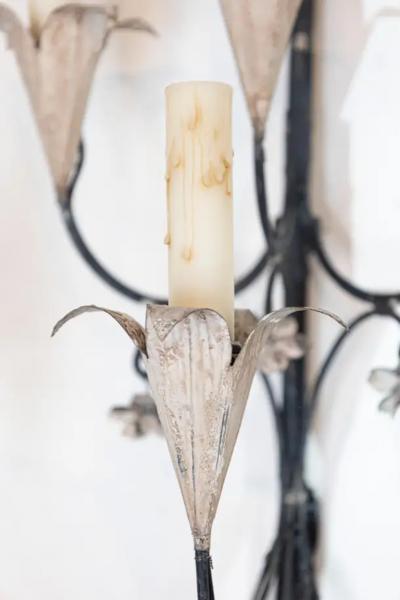 Pair of French Wrought Iron and Tole Floral Five Light Sconces circa 1940