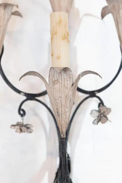 Pair of French Wrought Iron and Tole Floral Five Light Sconces circa 1940