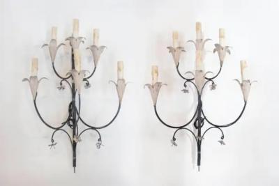 Pair of French Wrought Iron and Tole Floral Five Light Sconces circa 1940
