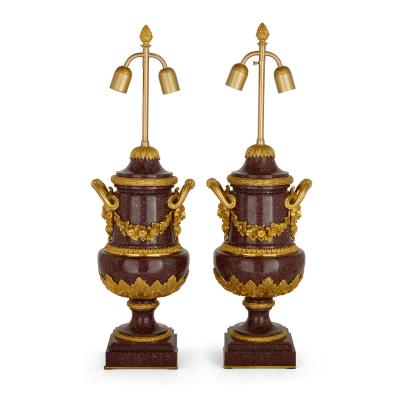 Pair of French antique gilt bronze and porphyry lamps