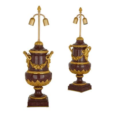 Pair of French antique gilt bronze and porphyry lamps