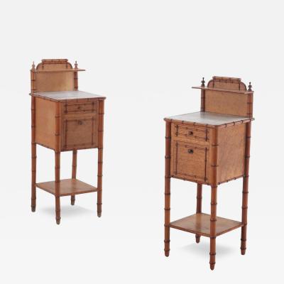 Pair of French birdseye maple and faux bamboo marble top night stands C 1880 