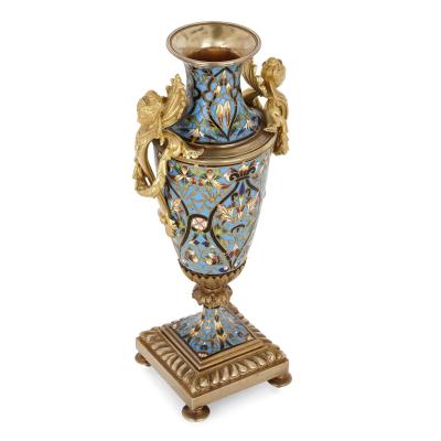 Pair of French champlev enamel and gilt bronze vases