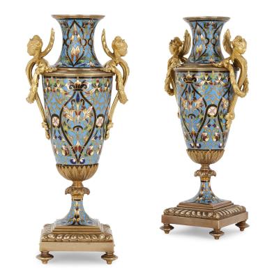 Pair of French champlev enamel and gilt bronze vases