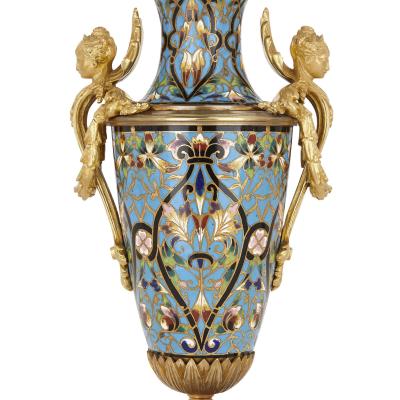 Pair of French champlev enamel and gilt bronze vases