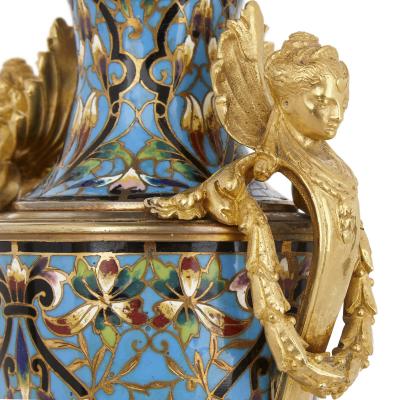 Pair of French champlev enamel and gilt bronze vases