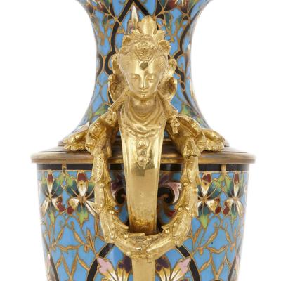 Pair of French champlev enamel and gilt bronze vases