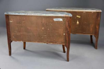 Pair of French early 20thc highly decorative Kingwood bombe commodes