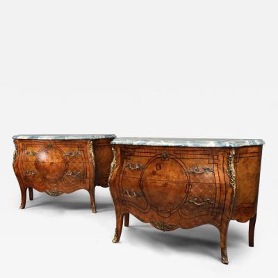 Pair of French early 20thc highly decorative Kingwood bombe commodes