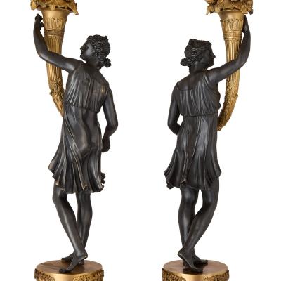 Pair of French gilt bronze and patinated bronze candelabra