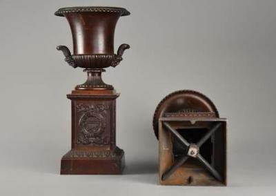 Pair of French late 19thc spelter campana urns on plinth bases