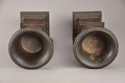 Pair of French late 19thc spelter campana urns on plinth bases