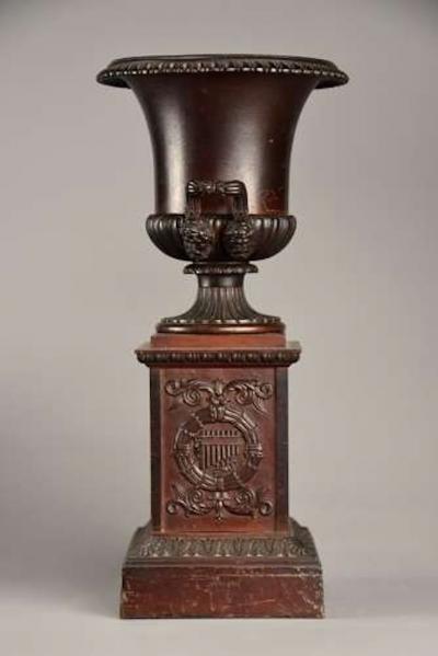 Pair of French late 19thc spelter campana urns on plinth bases