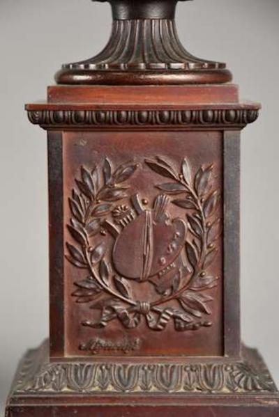 Pair of French late 19thc spelter campana urns on plinth bases