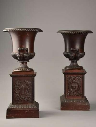 Pair of French late 19thc spelter campana urns on plinth bases